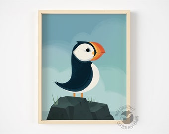 Irish Puffin print, Bird illustration, Bird wall decor, Cute puffin decor, Nursery wall art, Nature print, Atlantic puffin print, Animal art