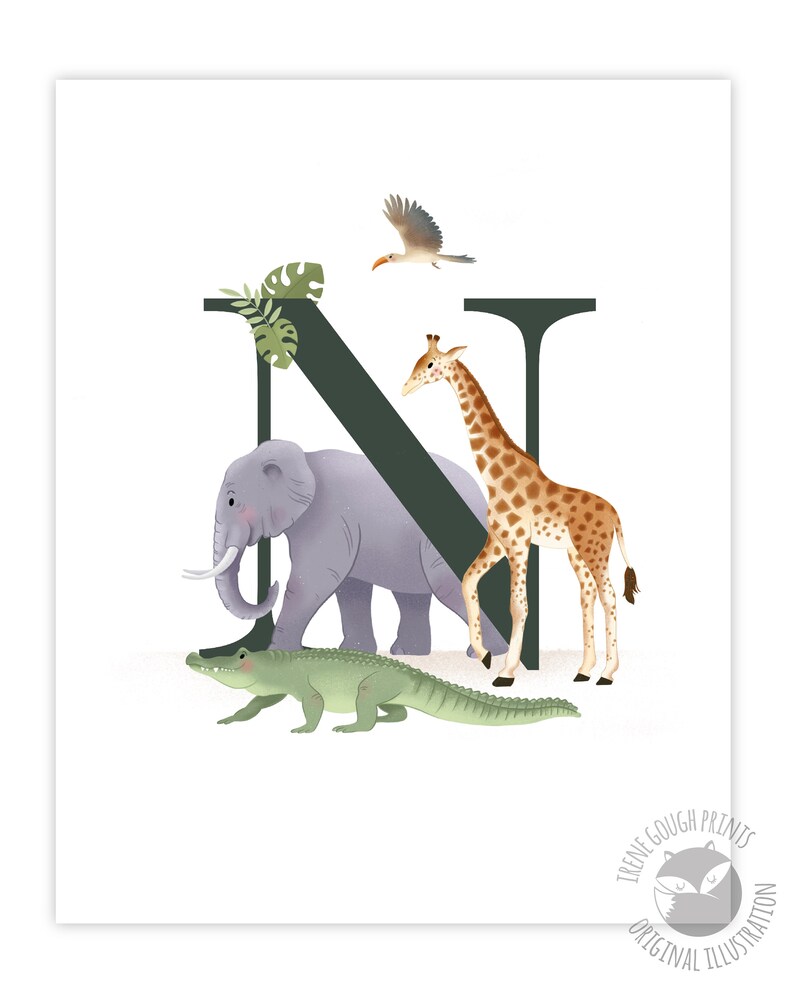 May include: A green letter N with a giraffe, elephant, and alligator in front of it. The animals are all facing the right side of the image. There are green leaves in the top left corner of the image. The letter N is in a dark green color.