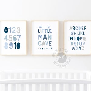 Arte murale per la cameretta dei bambini, set di 3 stampe per la cameretta dei bambini, set di arte murale per bambini, decorazioni per la cameretta dei bambini in grigio, regalo per neonato, arte per la cameretta dei bambini in blu, grotta per piccoli, alfabeto