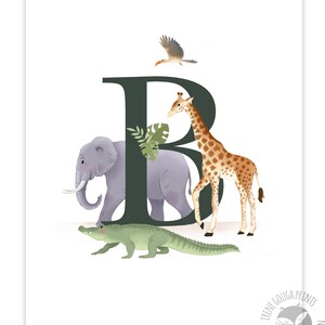 May include: A green letter B with a grey elephant, a giraffe, and a green alligator in front of it. A bird is flying above the letter.