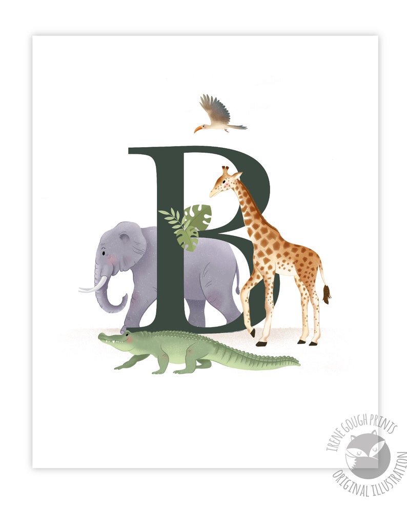 May include: A green letter B with a grey elephant, a giraffe, and a green alligator in front of it. A bird is flying above the letter.