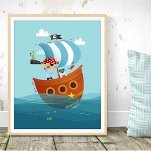 Nursery art boy Pirate print, Nursery wall art, nursery print, pirate decor, boys room decor, baby boy gift, Nautical theme, Ocean theme image 1