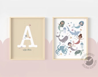 Personalized mermaid name art - A cute set of nursery prints, Naming day gift, Girls wall decor, Ocean theme, Unique new baby girl gift