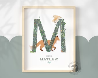 Personalised Woodland Name Print, Name Wall Art, Naming Day Gift, Nursery Bedroom Decor, New Baby Gift, Gender neutral, Initial Art Print