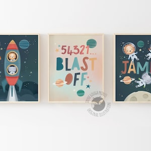 Set of 3 Space nursery prints, Personalised kids wall art, Gender neutral decor, Naming day gift, New baby gift, Baby boy Christening gift