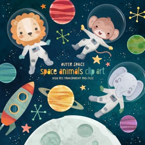 Ensemble de clip art espace, Illustrations d'astronautes, animaux mignons, téléchargement numérique, faire-part et créations manuelles, fichiers PNG haute résolution, usage commercial