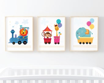 Nursery decor, nursery wall art set, nursery art, baby boy decor, baby shower gift, childrens art, kids illustration, cute animal art train