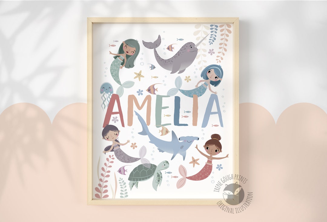 Mermaid Nursery Print, Personalised Name Wall Art, Girls Room Decor ...