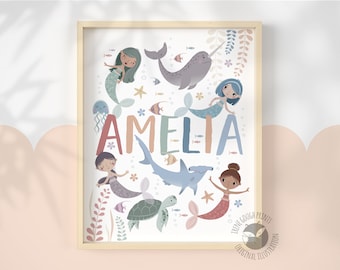 Mermaid Name Print, Nursery Girls Bedroom, 8x10in, Baby Girl Gift, Personalised Name Print, Girls Birthday Present, Naming Day Wall Art