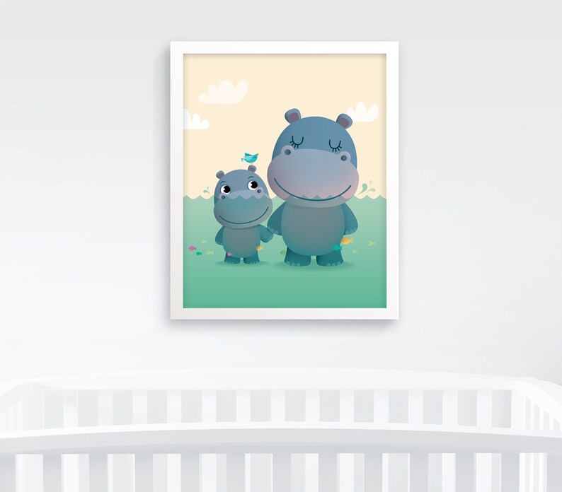 Hippo Print Nursery Illustration Nursery Decor Nursery Art Etsy