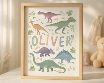 Personalised Dinosaur Nursery Wall Art, Custom Name Dino Print, Neutral Kids Room Decor, Dinosaur Bedroom Poster