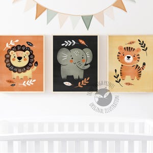 Arte per cameretta safari, stampe di animali retrò, cameretta boho, decorazioni da parete per bambini, regali fatti a mano, regali per neonati, opere d'arte originali, leone, tigre, elefante