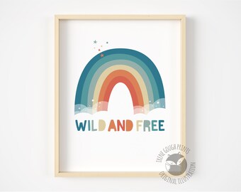 Rainbow nursery print, wild and free, rainbow wall prints, retro colours, gender neutral nursery decor, colourful wall art, playroom decor