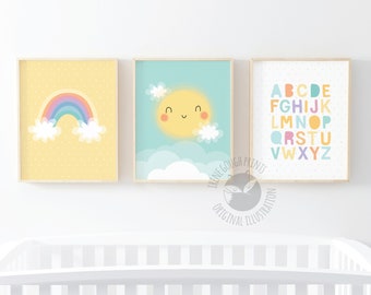 Rainbow nursery, nursery wall art, set of prints, Alphabet nursery art, Sunshine nursery, New baby gift, Cute nursery decor, Baby shower