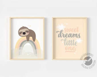Baby sloth print set, Kids room decor, nursery wall art, nursery prints, Rainbow nursery, cute sloth, new baby gift, baby shower gift set