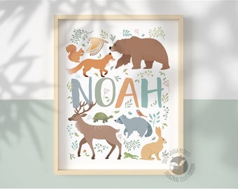 Woodland name print, Personalised print, Custom name artwork, 8x10in, New baby gift, Birthday Present, Naming day gift, Wall Art, Name art