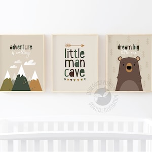 Arte murale per bambini con tema avventuroso, set di 3 stampe per bambini, set di stampe murali per bambini, decorazioni per bambini in grigio, regalo per neonato, arte per bambini in stile boho, piccola caverna per uomini