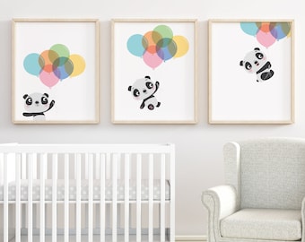 Nursery decor, Nursery wall art, Nursery art set, Panda print, balloon art, Nursery prints, Kids wall art, Kids room decor, Baby panda print