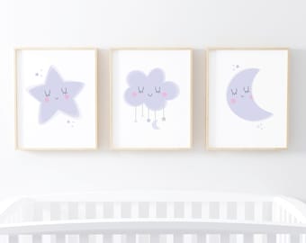 Girls Nursery wall art, Set of purple nursery prints, Cute star cloud and moon, Lilac nursery decor, Girls room decor, New baby girl gift