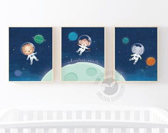 Animal Astronaut Print Set: Space Nursery Decor, Kids Gift