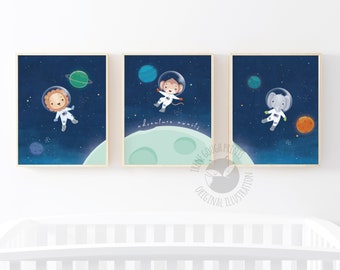 Space nursery wall art, Space theme prints, Set of 3, Unique kids gift, Nursery wall decor, Baby boy gift, Blue Nursery art, Gift for kids