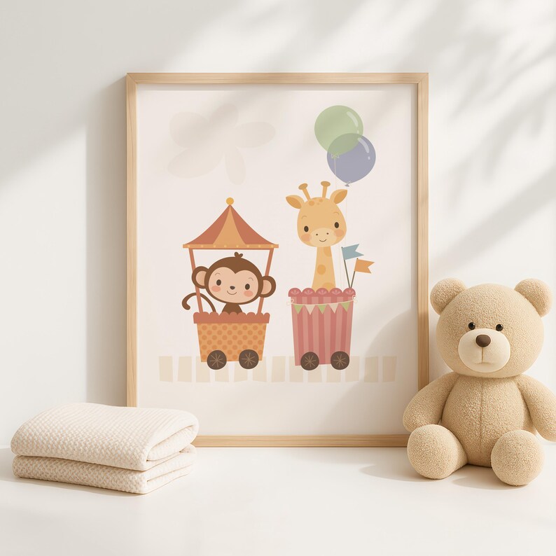 Nursery decor, nursery wall art set, nursery art, baby boy decor, baby shower gift, childrens art, kids illustration, cute animal art train image 6