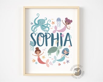 Personalised Mermaid name print, Nursery wall art, kids art, Wall decor, Under the sea decor, unique baby girl gift, New baby, Baby shower