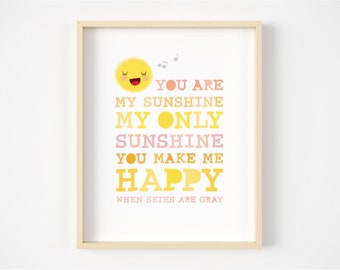 You are my sunshine wall art, nursery print, kids room decor, kids illustration, inspirational quote, typographic print, yellow nursery