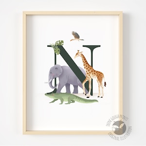 Arte de parede com carta de safári personalizada, presente para crianças, impressão inicial, presente de dia de nomeação, impressão de berçário, decoração de berçário, presente de Natal exclusivo