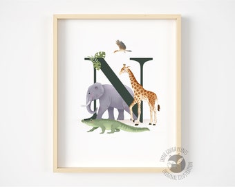 Personalised safari letter wall art, Gift for kids, initial print, Naming day gift, Nursery print, Nursery Decor, Unique Christmas gift