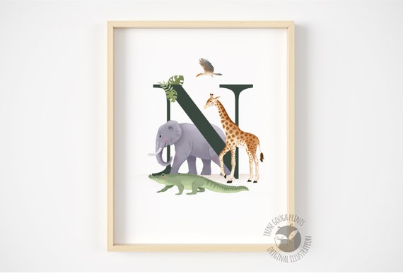 Personalised safari letter wall art, Gift for kids, initial print, Naming day gift, Nursery print, Nursery Decor, Unique Christmas gift