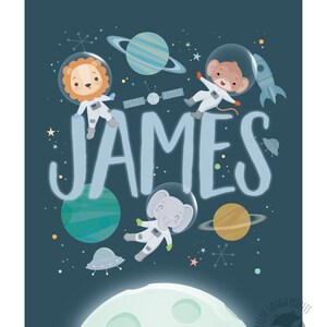 May include: A blue and white space-themed nursery print with the name "JAMES" in large white letters. Three animal astronauts, a lion, a monkey, and an elephant, are floating in space with planets and stars.