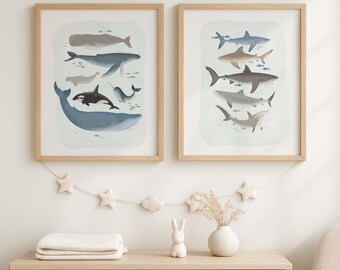 Ocean Nursery Wall Art Set of 2 – Whale and Shark Prints – Coastal Baby Boy Room Decor – Under the Sea Nursery – Neutral Ocean Animal Art