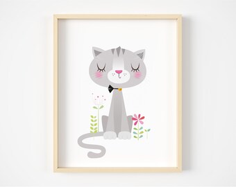 Cat nursery print - cute cat, Scandinavian, girls room print, baby girl art, original girls art, cat print, modern cat print, cat art