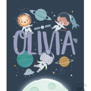 May include: A blue and purple space-themed personalized print with the name Olivia. The print features a lion, monkey, and elephant wearing astronaut suits floating in space with planets, stars, and a rocket.