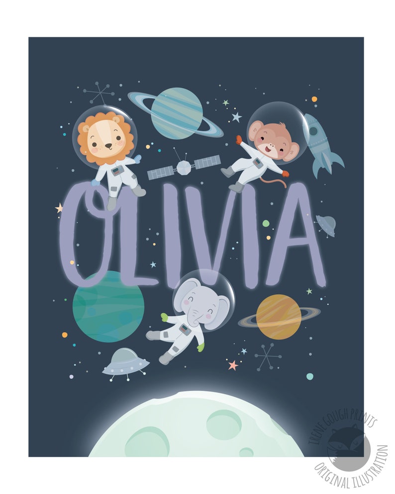 May include: A blue and purple space-themed personalized print with the name Olivia. The print features a lion, monkey, and elephant wearing astronaut suits floating in space with planets, stars, and a rocket.