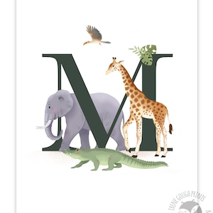 May include: A green letter M with a giraffe, elephant, and alligator in front of it. The giraffe is brown and white with a long neck. The elephant is gray with large ears. The alligator is green with a long tail. There is a small bird flying above the letter.