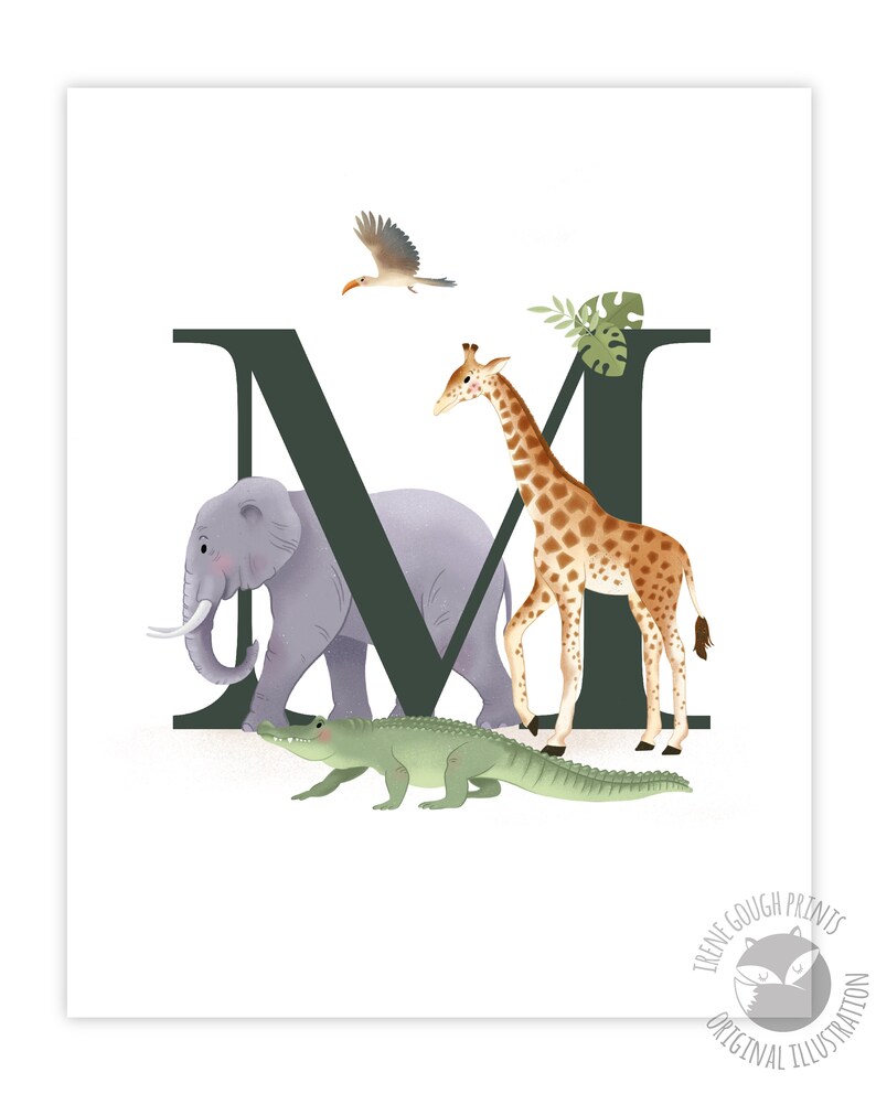 May include: A green letter M with a giraffe, elephant, and alligator in front of it. The giraffe is brown and white with a long neck. The elephant is gray with large ears. The alligator is green with a long tail. There is a small bird flying above the letter.