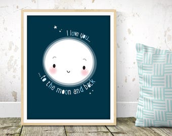 Nursery wall art, I love you to the moon and back, nursery decor, nursery print, nursery art, baby shower gift, new baby gift, cute print