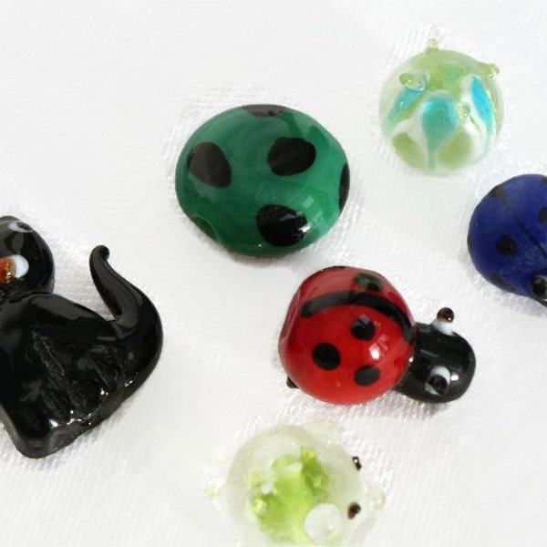 6 x Lampwork Beads with Animals \ Glass Cat Bead