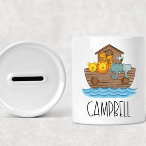 Noah&#39;s Ark with Animals Personalized Ceramic Coin Bank / Noah&#39;s Ark Piggy Bank / Christian Ceramic Money Box
