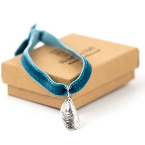 May include: A teal blue velvet choker necklace with a silver mussel shell pendant. The necklace is displayed on a brown cardboard box.