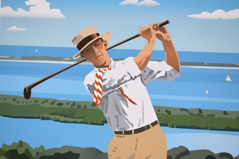 May include: A man wearing a white shirt, a striped tie, and a straw hat swings a golf club. He is standing on a grassy hill overlooking a body of water with sailboats in the distance.