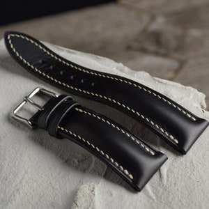 Black Buttero Leather watch strap, Padded Vegetable Tanned Leather Watch Band 16mm / 17mm / 18mm / 19mm / 20mm / 21mm / 22mm / 24mm