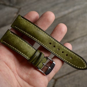 Green Leather Watch Strap Band, Handmade Padded Watch Band 16mm 17mm 18mm 19mm 20mm 21mm 22mm 23mm 24mm 25mm 26mm