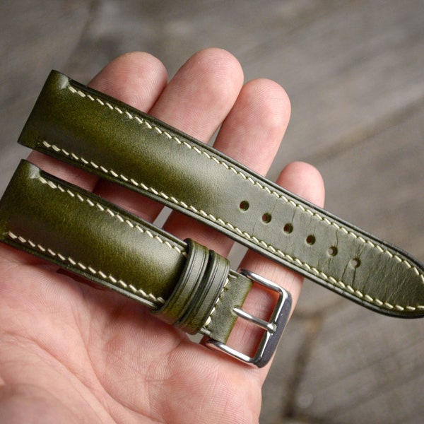 Olive Green Leather Watch Strap, Handmade Buttero Leather Watch Band / Strap 16mm 17mm 18mm 19mm 20mm 21mm 22mm 24mm 26mm