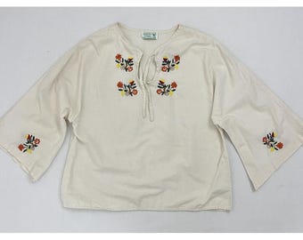 Vintage Boho Hippie Regenboog Bloemen Borduurwerk Top Shirt Boer Katoen