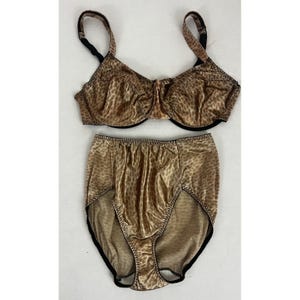May include: A two-piece lingerie set featuring a leopard print pattern in shades of brown and tan. The set includes a bra with adjustable straps and high-waisted briefs, both trimmed with black accents.