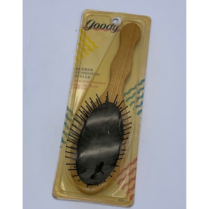 Vintage Goody Styler-borstel met rubberen demping, houten handvat, kogelpunt, nylon borstelharen