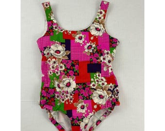 Vintage Hawaiian Barkcloth Swimsuit 1 pc Bodysuit Mod Floral XS/S ? 28" Bust